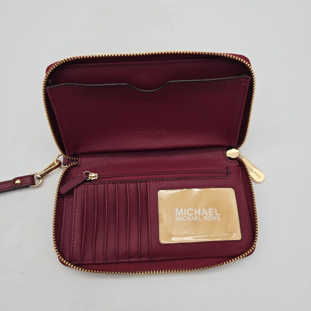 Michael Kors Wallet Card Holder Red Leather Embossed Flower Gold Hardware - Picture 8 of 12